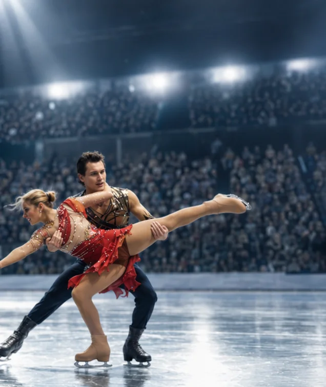 Stepan and Stephanie performing a lift during an ice dance competition