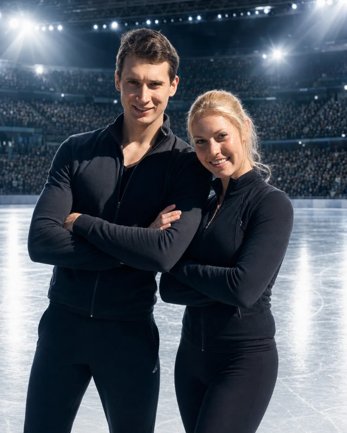 Stepan Dubrovskiy and Stephanie Snider, professional figure skating coaches, standing together on the ice at a professional arena