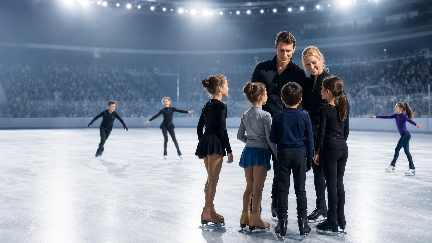 Coaches with young figure skaters on the ice at Sharks Ice, San Jose